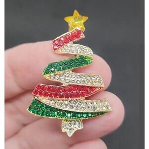 Christmas Tree Brooch Ribbon Look Design Red Green Clear Rhinestone Star Topper